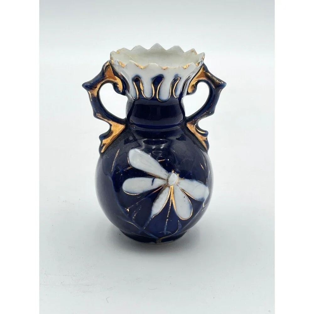VTG Japanese Cobalt Blue Gold Porcelain Miniature Bud Vase 3